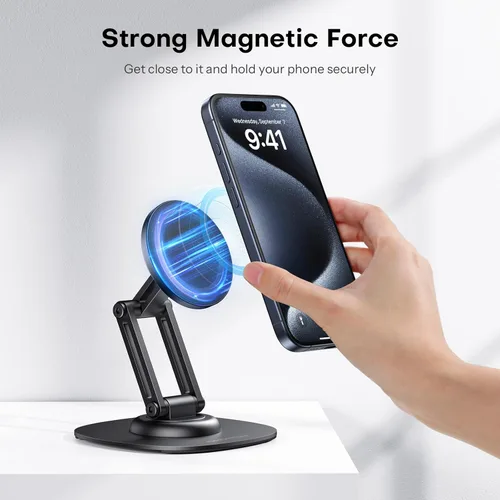 Miniatura 9 de OMOTON Soporte de Teléfono Magnético Giratório de 360° para Escritorio, Ajustable y Plegable de Aluminio para Soporte de Celular MagSafe con Base