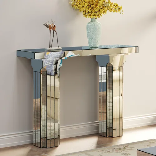 Miniatura 14 de Mesa de consola con espejo de 48 pulgadas, mesa de entrada moderna de plata glamorosa con borde tallado negro vintage con espejo de vidrio para sala