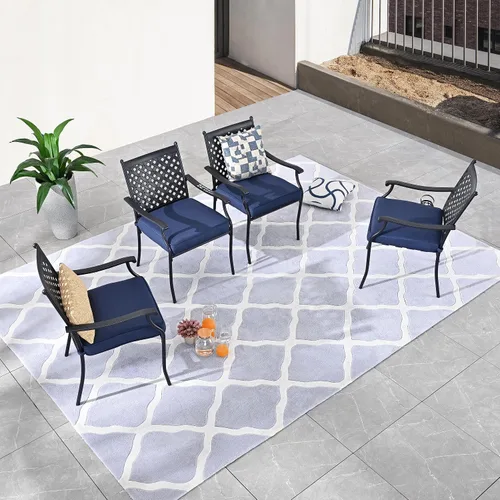Miniatura 6 de LOKATSE HOME Juego de 4 sillas apilables para exteriores, sillas de comedor de hierro forjado con cojines y reposabrazos, juego de muebles de metal