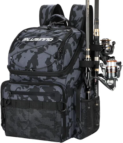 PLUSINNO - Mochila de pesca con portacañas y enfriador de 45L, mochila grande resistente al agua para aparejos de pesca, ideal para guardar equipo