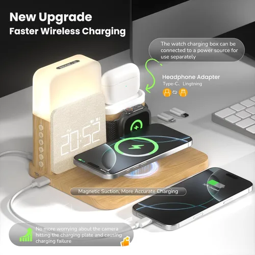 Miniatura 2 de Estación de carga de reloj despertador para dormitorios, estación de carga inalámbrica 7 en 1, cargador magnético con luz nocturna para iPhone 17