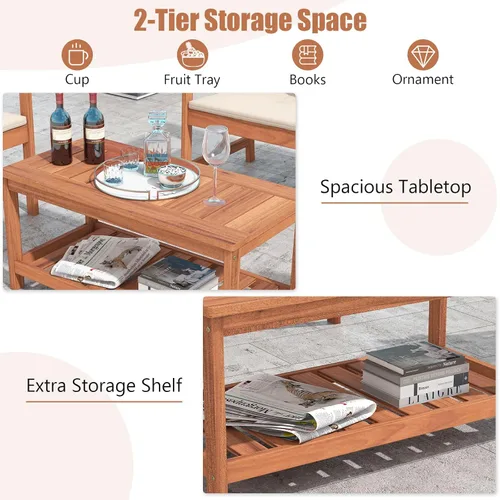 Miniatura 5 de Tangkula Mesa de centro de madera para exteriores, mesa de centro de patio de 2 niveles con mesa de madera dura de listones y estante