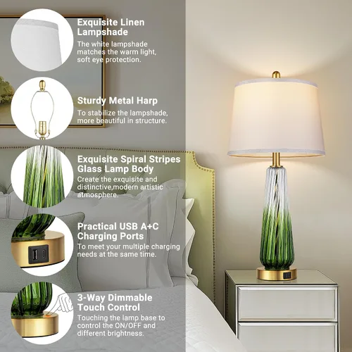 Miniatura 3 de Lámparas de mesa de vidrio para sala de estar, lámparas de noche modernas con puertos USB A+C, lámpara de mesita de noche de control táctil