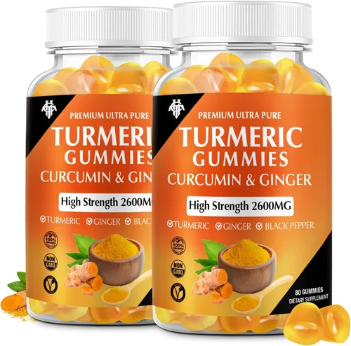 Gomitas de cúrcuma y curcumina (paquete de 2) - Suplementos de cúrcuma y curcumina con jengibre y pimienta negra para el apoyo inmune, muscular y