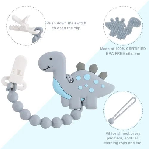 Miniatura 5 de Juguetes de dentición para bebés de 3-6 6-12 meses, juguete mordedor de dinosaurio para alivio del dolor con diseño de una pieza, conjunto de clip
