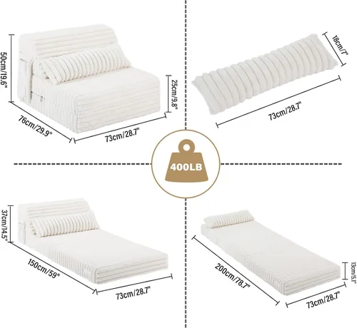 Miniatura 2 de Tiita Sofá Cama Plegable - Silla Reclinable Convertible de 4 Pliegues con Funda de Pana y Almohada Rectangular, Colchón de Sofá de Suelo para beige