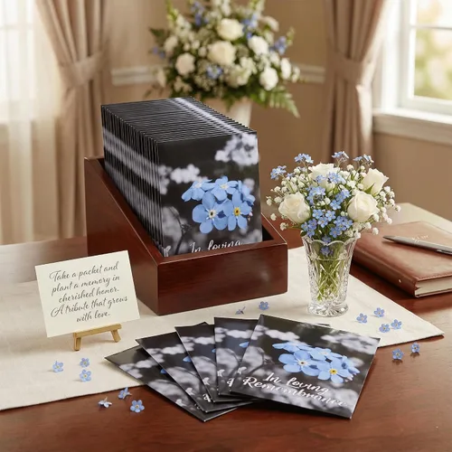 Miniatura 8 de 50 paquetes de semillas premium prellenadas de Forget Me Not de calidad superior para recuerdos de funerales, decoraciones para funerales