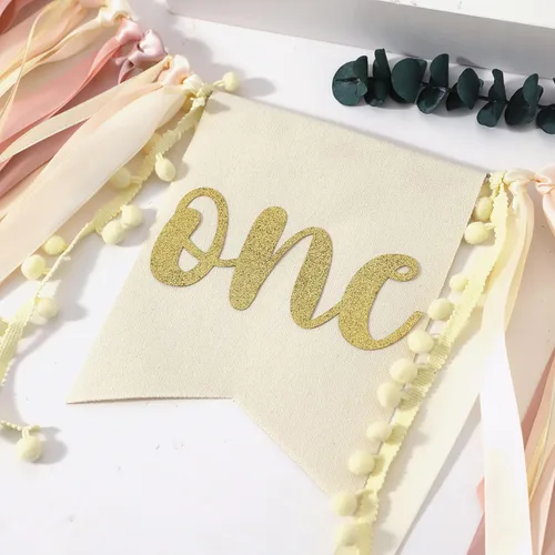 Miniatura 7 de Cartel de oro rosa para silla de bebé, decoración de fiesta de cumpleaños rosa, pancarta dorada para silla de alta para niña de primer cumpleaños