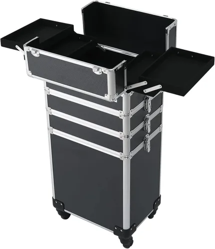 Miniatura 7 de Karl home estuche de maquillaje 4 en 1, carro de cosméticos rodante, organizador de viaje de gran capacidad con llave, ruedas giratorias 360°