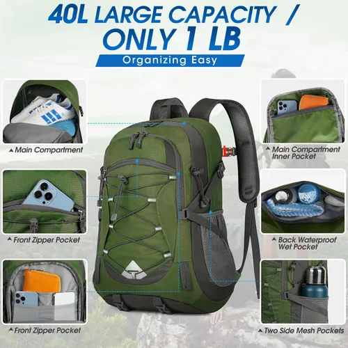 Miniatura 2 de IGOLUMON Mochila de senderismo de 40 L, plegable, ligera, mochila de camping para hombres y mujeres, impermeable, mochila de senderismo al aire
