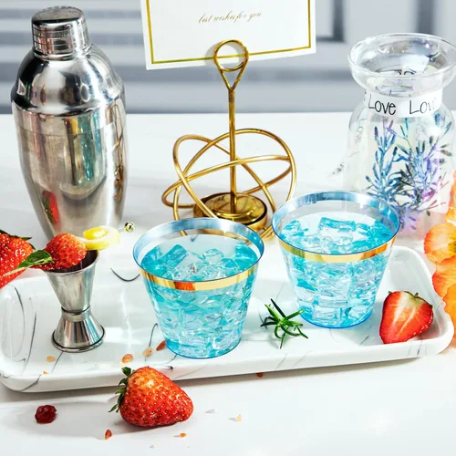 Miniatura 6 de LUODA 150 vasos de plástico azul, vasos desechables transparentes de 9 onzas con borde dorado, vasos de plástico con borde dorado, vasos de plástico