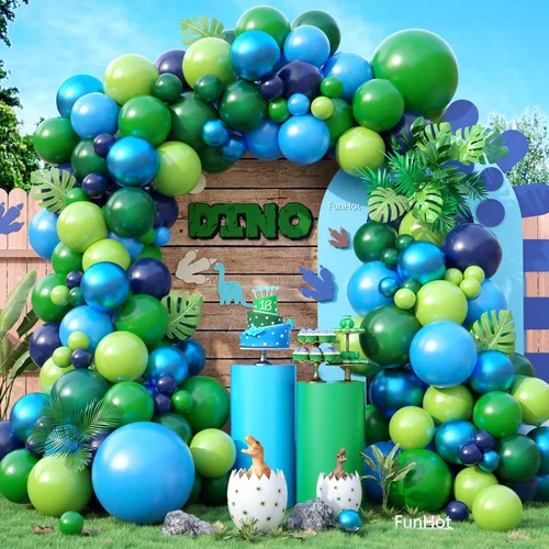 FunHot Kit de arco de globos azul y verde, kit de guirnalda de globos de dinosaurio con globos de látex verde fruta, azul marino oscuro, para niños,