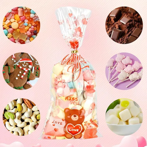 Miniatura 6 de Bolsas de celofán para dulces de San Valentín, 100 piezas de bolsas de dulces de San Valentín, bolsa de regalo de celofán de plástico para galletas