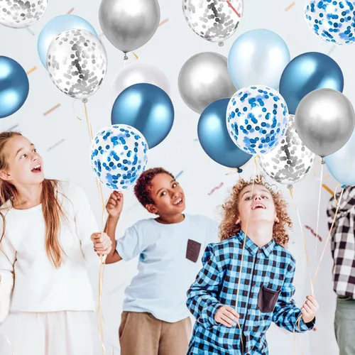 Miniatura 6 de 60 globos de confeti azul plateado y blanco de 12 pulgadas, globos de color blanco azul claro, globos plateados metálicos, globos de confeti
