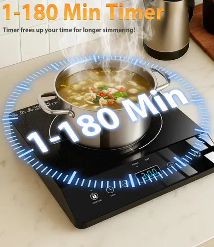Miniatura 6 de Placa de inducción de quemador único, cocina de inducción portátil certificada ETL de 1800 W, bobina de calentamiento grande de 8 pulgadas, 12