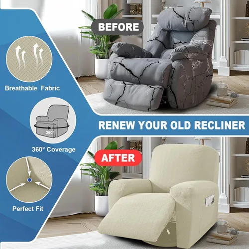 Miniatura 5 de JIVINER Fundas reclinables de gran tamaño de 3 piezas para sillón reclinable grande con bolsillos, tela jacquard elástica Lazy Boy funda para sofá