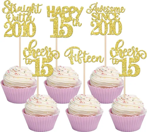 Miniatura 23 de Paquete de 30 adornos para cupcakes de 10º cumpleaños con purpurina recta hacia fuera de 2016, Happy 10th Ten Awesome Since 2016, 10 fabulosas