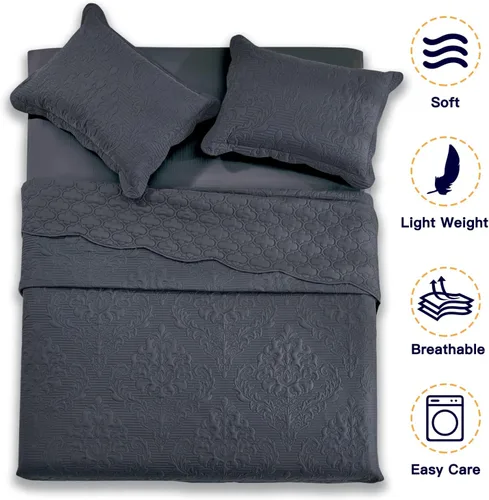 Miniatura 3 de CHIXIN - Juego de colcha tamaño King extragrande, peso ligero, acolchado ultrasónico, cubrecama reversible de 4 piezas, elegante estampado de 1-gris