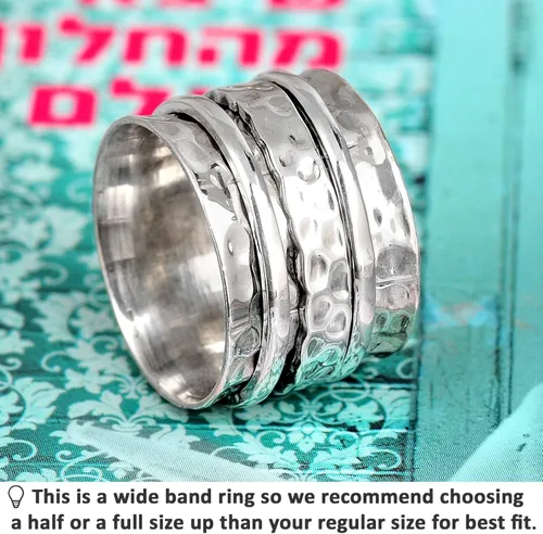Miniatura 2 de Boho-Magic Anillo giratorio de plata de ley 925 para mujer, martillado ancho anillo para ansiedad, Metal