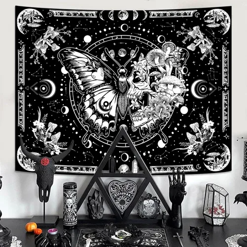 Miniatura 5 de Fungarth Tapiz de Esqueleto y Mariposa Blanco y Negro Calavera Hongos Plantas Tapices Hippie Estético Tapiz Colgante de Pared para Dormitorio Sala