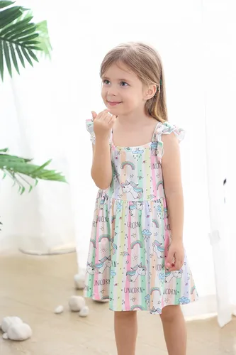 Miniatura 6 de Popshion Vestidos de niña con mangas con vuelo, vestido de verano para niños, fiesta de cumpleaños, sin mangas, vestido de 1 a 8 años