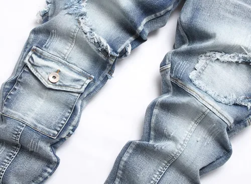 Miniatura 3 de XIMXIMMTIAN Jeans rectos de motociclista para hombre, desgastados, desgastados, ajustados, rectos