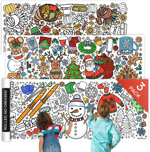Miniatura 22 de Tiny Expressions - Paquete de 3 manteles grandes para colorear para festividades, Halloween, Acción de Gracias, Navidad, enrollado, sin arrugas