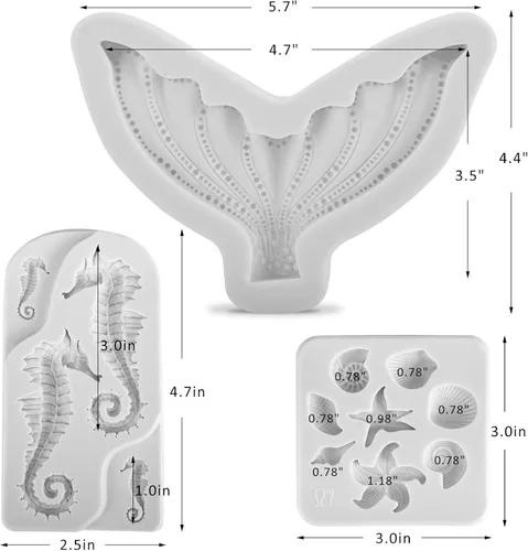Miniatura 3 de Beasea Molde de fondant para pastel de sirena, 3 piezas de caballito de mar, estrella de mar, cola de sirena, molde de silicona para conchas