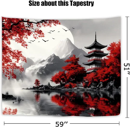 Miniatura 3 de Yookeb Tapiz Japonés de Montaña en Negro y Rojo 51 x 51 Pulgadas para Colgar en la Pared, Decoración de Anime de Asia, Paisaje de Bosque