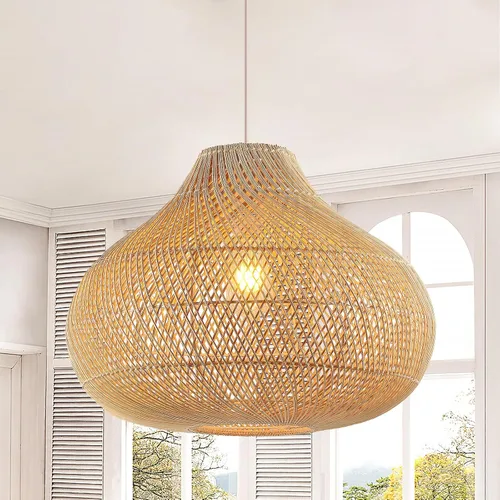 Miniatura 16 de Luces Colgantes Bohemias, Candelabro de Ratán de 1 Luz de 15.7", Luz Colgante de Mimbre Tejida a Mano con Pantalla de Jacinto de Agua, Luz Colgante