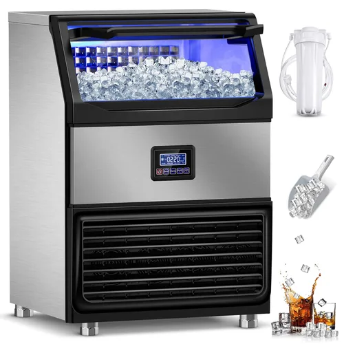 Miniatura 13 de Máquina comercial para hacer hielo con 2 opciones de entrada de agua, contenedor de almacenamiento de 40 libras, máquina de hielo integrada de 140