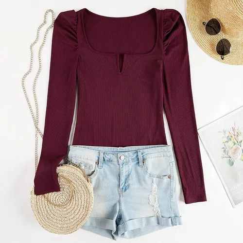 Miniatura 4 de Valphsio Womens Puff Long Sleeve Top Ribbed Knit Slim T Shirt Square Neck Solid Blouse