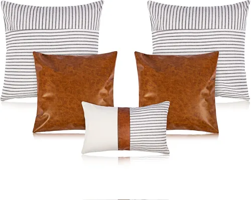 Miniatura 11 de Tradder Juego de 5 fundas de almohada decorativas de 20 x 20 pulgadas, 18 x 18 pulgadas, 12 x 20 pulgadas, modernas, de piel sintética y lino a