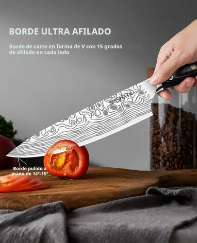 Miniatura 2 de MOSFiATA - Cuchillo de chef profesional súper afilado de 8 pulgadas con protector de dedos y sacapuntas, acero inoxidable alemán de alto carbono