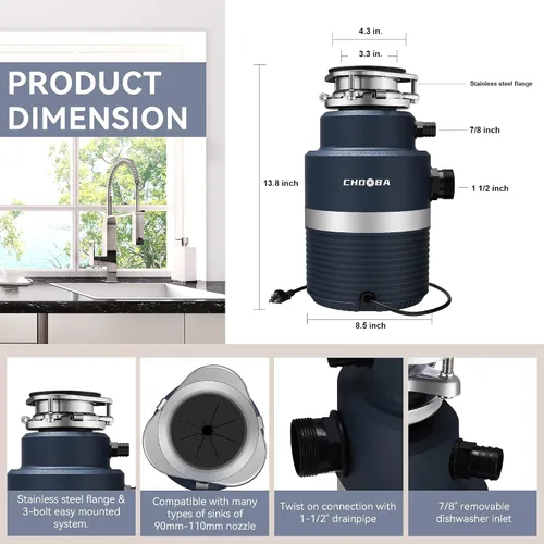 Miniatura 7 de Triturador de basura de 3/4 HP, alimentación continua de eliminación de residuos de alimentos, triturador de basura de cocina con conexión y enchufe