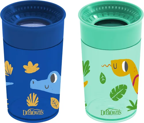 Dr. Brown's Milestones Cheers 360 - Vaso de transición sin boquilla, apto para viajes y sin fugas, para bebés y niños pequeños, animales azul/verde,