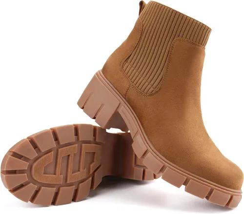 Miniatura 6 de JABASIC Botas de tobillo gruesas para mujer, botas Chelsea elásticas