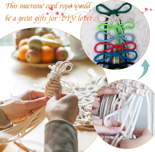 Miniatura 6 de JeogYong - Cuerda de macramé trenzada 5mm x 90m, cuerda de algodón trenzada de 8 hebras natural, cuerda de cordón de dibujo colorida para colgar