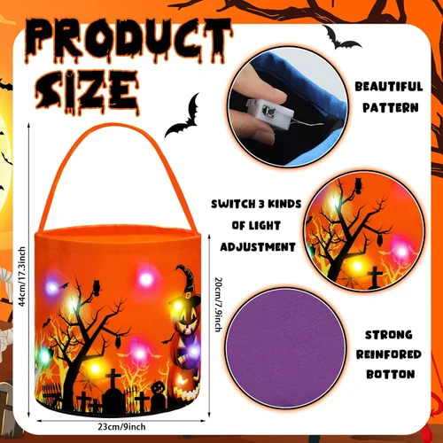 Miniatura 2 de Teling 6 bolsas de dulces de calabaza con luces LED para Halloween con luces LED para Halloween, bolsa de regalo reutilizable para suministros