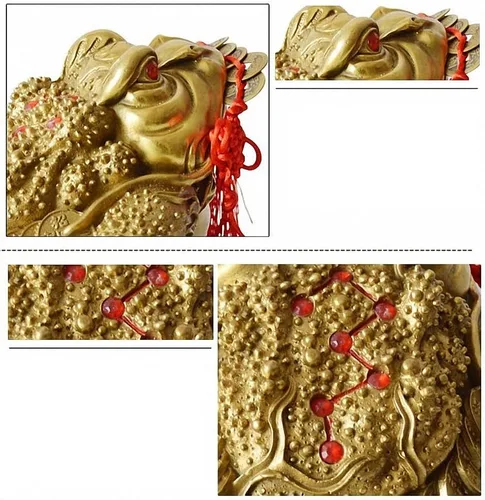 Miniatura 3 de Estatua de rana de dinero de Feng Shui de latón con dije de la suerte monedas antiguas en cuerda roja, decoración de Feng Shui