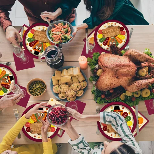 Miniatura 6 de Kit de suministros para fiesta de Acción de Gracias con tema de pavo, vajilla desechable de otoño incluye, platos de papel para cena, platos