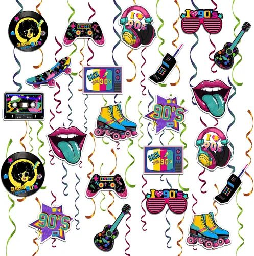 48 espirales colgantes de los años 90 para adultos, decoraciones de fiesta de regreso a los 90, decoración de cumpleaños temática de los años 80,