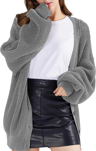 Miniatura 7 de QUALFORT - Suéter tipo cárdigan de punto para mujer, 100% algodón, de manga larga, con botones y de gran