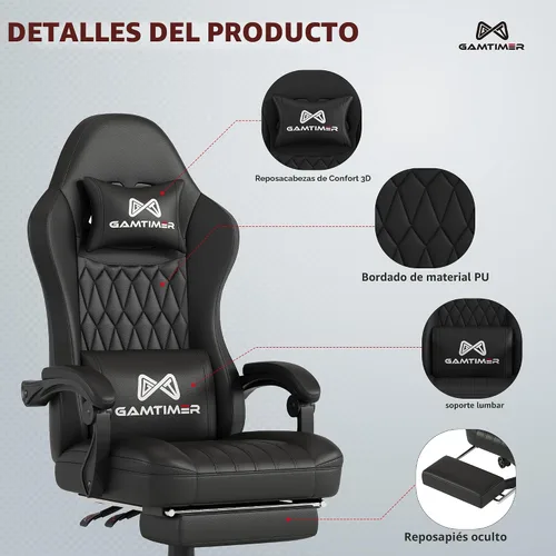 Miniatura 4 de Gamtimer Silla de juegos con reposapiés, silla ergonómica para computadora, material transpirable de poliuretano con reposacabezas y soporte lumbar