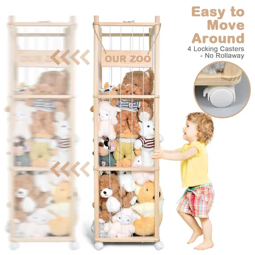 Miniatura 7 de Almacenamiento de animales de peluche, bonito soporte de madera para juguetes de zoológico con ruedas de freno, organizador de juguetes de ahorro