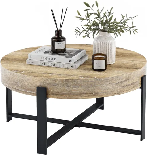 Miniatura 15 de LKTART Mesa de centro para sala de estar, mesas de centro redondas de madera con almacenamiento, mesa de té moderna de centro de metal para Marrón