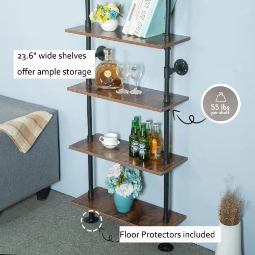 Miniatura 4 de Estantería Industrial de 5 estantes con tubos, estantería moderna y negra, estante de escalera para montaje en pared con marco de metal