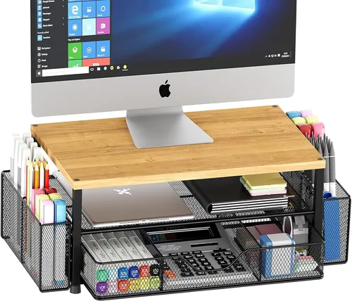 OPNICE - Organizadores y accesorios de escritorio, con soporte de monitor de computadora de 2 niveles, cajón y 2 soportes para bolígrafos, Roble