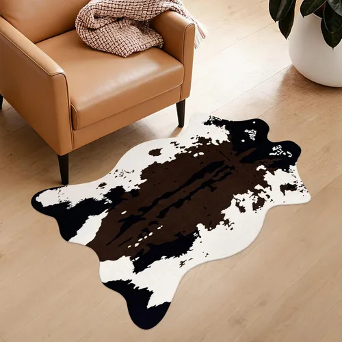 Miniatura 14 de Bonita alfombra con estampado de vaca, pequeña de piel sintética de vaca en blanco y negro, alfombra con estampado animal para mesa, dormitorio