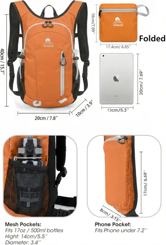 Miniatura 5 de VPBAGE Mochila de senderismo pequeña con soporte frontal para teléfono, mochila plegable con correa de pecho y cintura, Naranja-, Pequeño, Mochilas